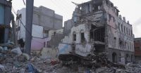 Heavy destruction in Aden, in the South of Yemen. A building destroyed by bombing in Aden.