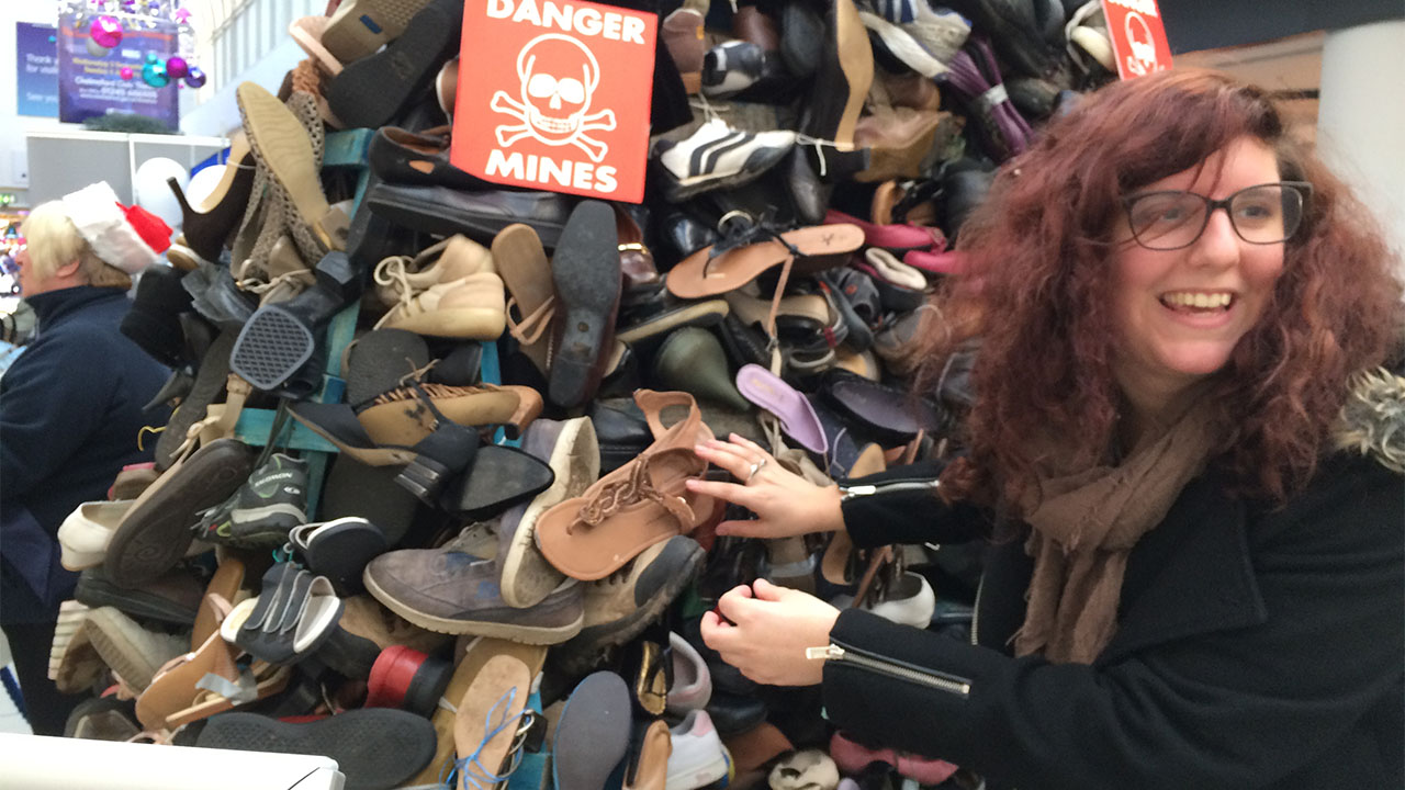 A Pyramid of Shoes at a shopping center in Chelmsford organized as part of the 2014 Forgotten 10 Challenge.